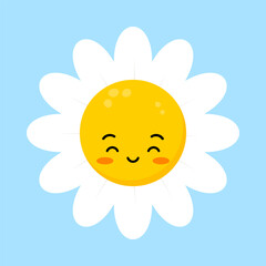 Cute daisy flower with happy face character. Chamomile fun emoji plant icon vector illustration. Kids camomile emoticon.