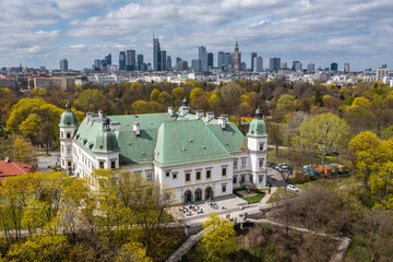 Fototapeta na wymiar Drone photo of Ujazdow Castle in Agrykola Park in Warsaw city, Poland