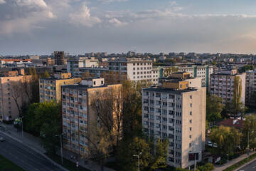 Drone photo of residential buildings in Sielce area of Warsaw city, Poland
