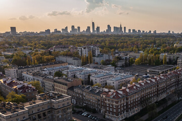 Drone photo of buildings in Sielce area of Warsaw, Poland - obrazy, fototapety, plakaty