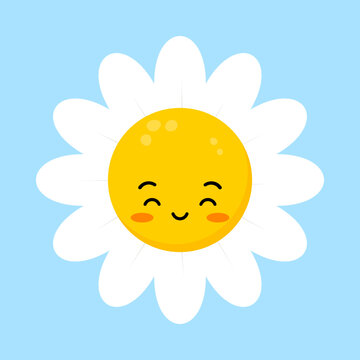 Cute daisy flower with happy face character. Chamomile fun emoji plant icon vector illustration. Kids camomile emoticon.
