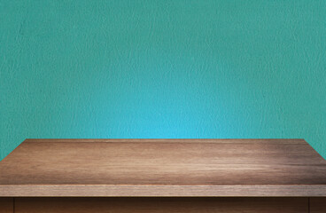 Wooden table. Green leather texture background. For your product placement or montage with focus to the table top in the foreground