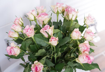 bouquet of pink roses in vase close up ,natural flower background