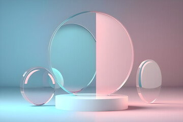 3d render, abstract geometrical background with pink blue translucent round glass. Modern minimal showcase mockup. Vacant pedestal platform for commercial product displaying, empty podium, round stage