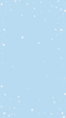 Snowfall overlay christmas background. Subtle flying snow flakes and stars on light blue winter backdrop. Festive snowfall overlay. Vertical vector illustration.
