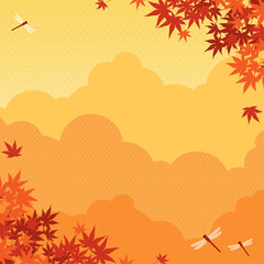 Fototapeta na wymiar 秋の紅葉と赤とんぼの舞う風景　背景素材（正方形）