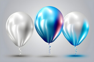 Set of glossy holographic, white and blue foil ballons. White empty space for promotion, presentation, birthday party or other celebration. Realistic 3d illustraton with flying balloons