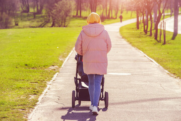 Mother wheeling a pram in the Park
