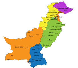 Colorful Pakistan political map with clearly labeled, separated layers. Vector illustration.