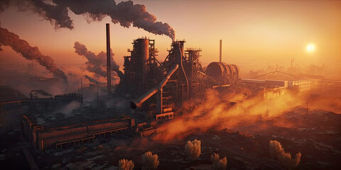Industrial metallurgical plant dawn. Smoke, smog emissions - Generative AI
