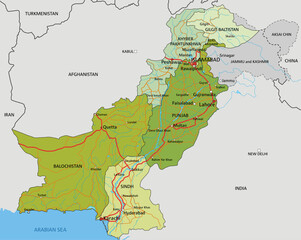 Highly detailed editable political map with separated layers. Pakistan.