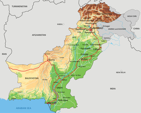 Highly detailed Pakistan physical map with labeling.