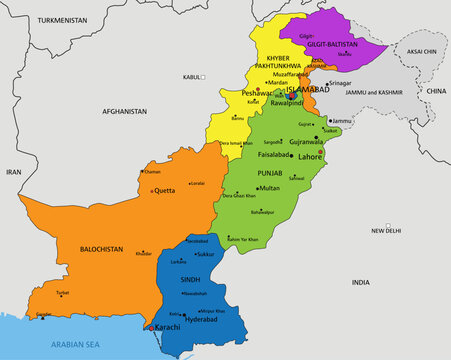 Colorful Pakistan political map with clearly labeled, separated layers. Vector illustration.