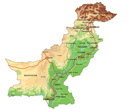 Highly detailed Pakistan physical map with labeling.