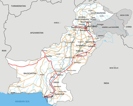 High detailed Pakistan road map with labeling.