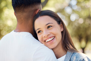 Obraz premium Smile, hug and shoulder with couple in park for bonding, affectionate and free time. Happiness, romantic date and love with woman hugging man in nature for cuddling, summer break and relationship