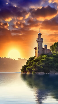 Beautiful view of the island at sunset. Lighthouse on the cliff, trees and lake, sunrise, a lot of clouds. Digital painting. Vector illustration