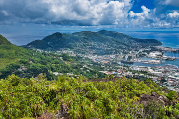 Copolia trail view of the international port and domestic port of Seychelles, cruise ship Silver shadow docked at the port 3