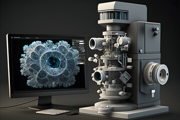 Fototapeta premium Electron microscope with display device commonly used by scientists and microbiologists. Created with generative AI technology