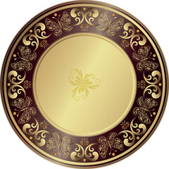 Vector vintage golden decorative plate with floral ornament isolated on white