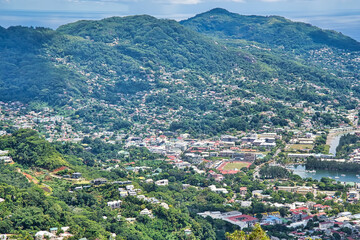 Fototapeta na wymiar copolia trail View over town victoria from copolia nature trail, Mahe, Seychelles 