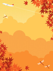 秋の紅葉と飛行機、赤とんぼの飛ぶ風景　背景素材（縦向き）