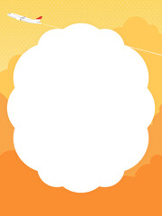 夕焼け空の上を飛ぶ飛行機　フレーム・背景素材（縦向き）