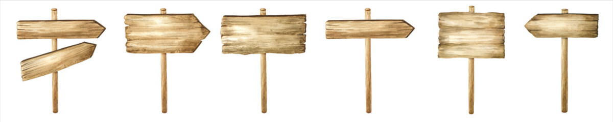 Watercolor wooden sign boards and arrows set. Watercolor hand-drawn pointers. Signs and signs made of wood. © Fedulova_art