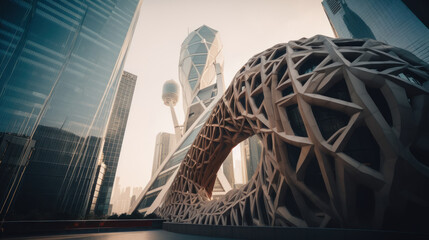 futuristic architecture with modern abstract sculpture structure design around with city environment, Generative AI.