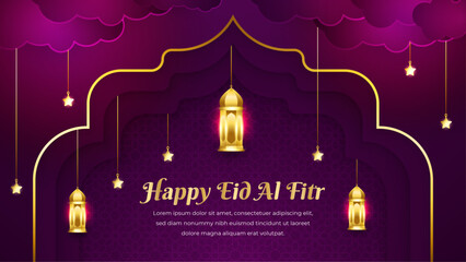 gold and purple luxury eid al fitr islamic background with decorative ornament pattern Premium Vector
