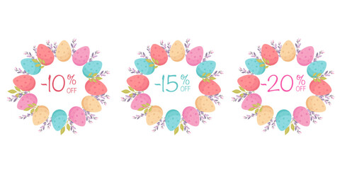 Big Easter sale offer, banner template. Easter paper tag for selling. Easter sale frame templates from eggs and flowers