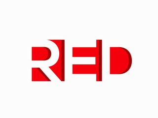 RED word mark logo. Typographic lettering text. Negative space alphabet initials. Bold characters isolated on light fund. Decorative geometric letters for business industry. Bold font.