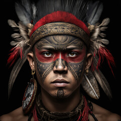men, staring eyes,, portrait, full face, detailed ornaments, dayak tribe, dayak, borneo, indonesia, indonesian tribe, people, cultural, AI generative