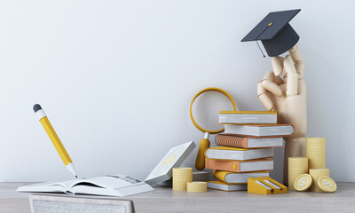 Graduation cost or expensive education or scholarship loan. money with stack of books and cap or hat, idea of tuition budget or college, university learning fee, profit or earnings. 3d rendering - 584557390