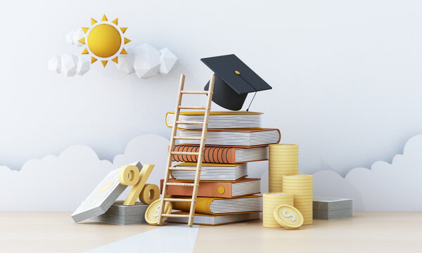 Graduation cost or expensive education or scholarship loan. money with stack of books and cap or hat, idea of tuition budget or college, university learning fee, profit or earnings. 3d rendering