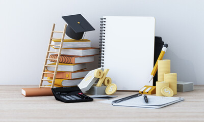 Graduation cost or expensive education or scholarship loan. money with stack of books and cap or hat, idea of tuition budget or college, university learning fee, profit or earnings. 3d rendering - 584558385
