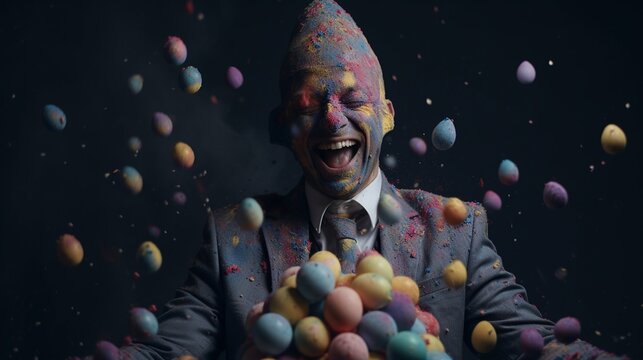 Junger Mann mit witzigem Ostereier Design zu Ostern dekoriert. ai generativ