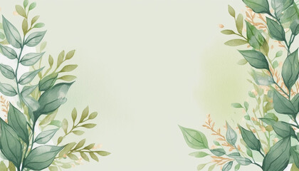 Fototapeta na wymiar Spring floral border background in green with leaf watercolor illustration