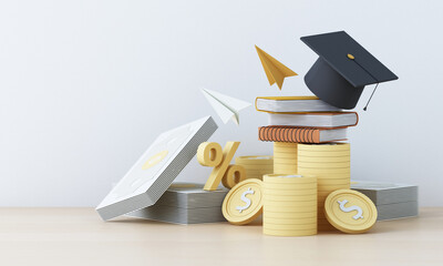 Graduation cost or expensive education or scholarship loan. money with stack of books and cap or hat, idea of tuition budget or college, university learning fee, profit or earnings. 3d rendering - obrazy, fototapety, plakaty