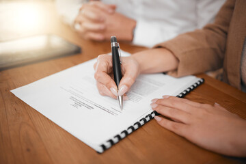 Business people, hands and signing contract for hiring, interview or legal document in recruitment...