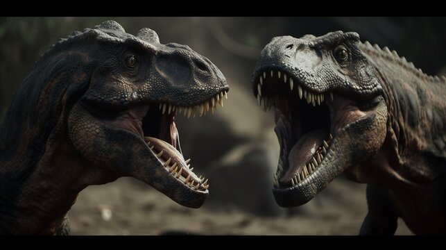 Tyrannosaurus Dinosaurier k&auml;mpfen im Urwald, ai generativ