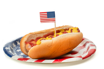 Hot dog with ketchup and mustard  and American flag for 4th of July