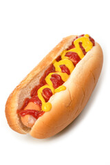 Hot dog with ketchup and mustard on white background