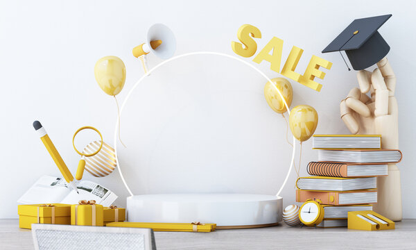 Back to school sale banner money with stack of books and cap or hat and sale yellow text and podium product stand in white background for education school shopping promotion. 3d render illustration.