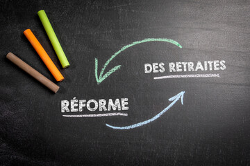 PENSION REFORM in French. Text on a dark chalk board