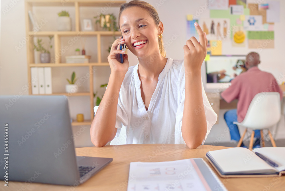 Poster business woman, phone call and strategy talk of a worker in a office with communication networking. 