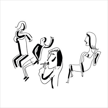 Young femmes are sitting at table and talking in cafe. Meeting women. Flat vector illustration.
