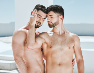 Art, embrace and pride, topless men posing together in sun and art deco photography with lgbt love. Creative aesthetic, artistic passion and romance, gay couple with athletic body in romantic pose. - obrazy, fototapety, plakaty
