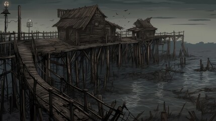 Creepy and Spooky Abandoned Pier, Waterfront Background, Concept Art, Digital Illustration, Generative AI