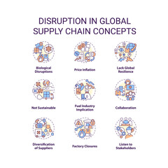 Disruption in global supply chain concept icons set. International logistics idea thin line color illustrations. Isolated symbols. Editable stroke. Roboto-Medium, Myriad Pro-Bold fonts used